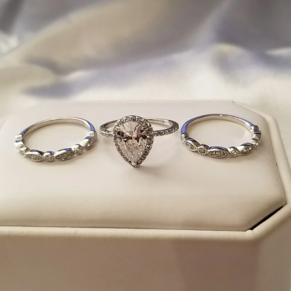 NEW 925 STERLING SILVER HALO DIAMOND PEAR WEDDING RINGS ENGAGEMENT RINGS